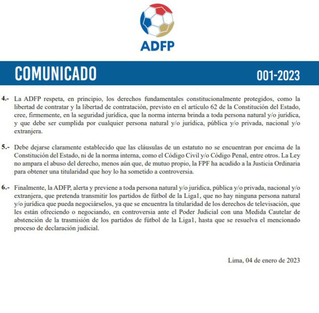Comunicado de la Asociación Deportiva de Fútbol Peruano. Foto: ADFP