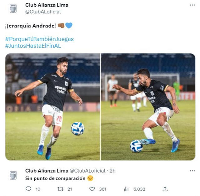  El club íntimo elogió el buen partido de Andrés Andrade. Foto: captura de @ClubALoficial/Twitter   