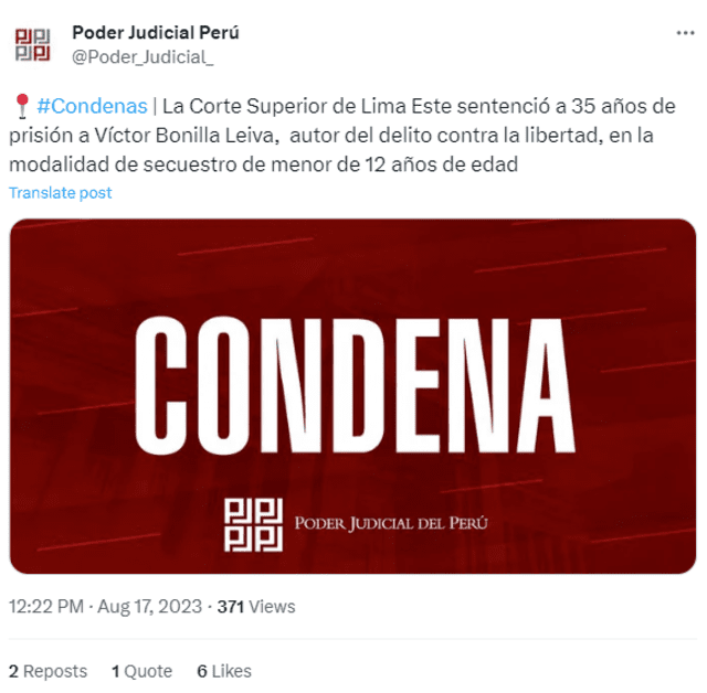  Corte Superior de Lima sentenció a Víctor Bonilla Leiva. Foto: Twitter/ Poder Judicial   