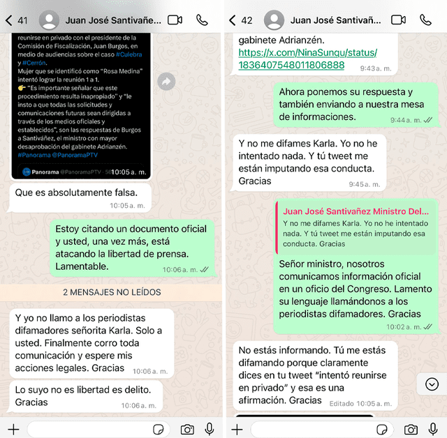 Conversaciones entre periodista de 'Panorama' y ministro Juan José Santiváñez. Foto: X (antes Twitter)   