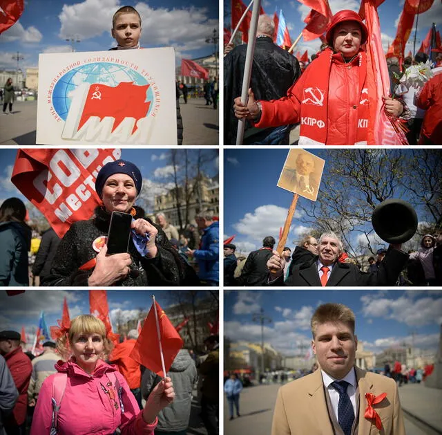 Esta combinación de fotografías creada el 1 de mayo de 2022 muestra a los partidarios del Partido Comunista Ruso. Foto: AFP