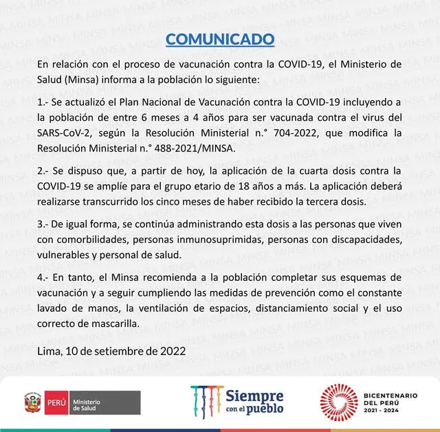 Comunicado ministerio de Salud. Foto: Facebook Minsa