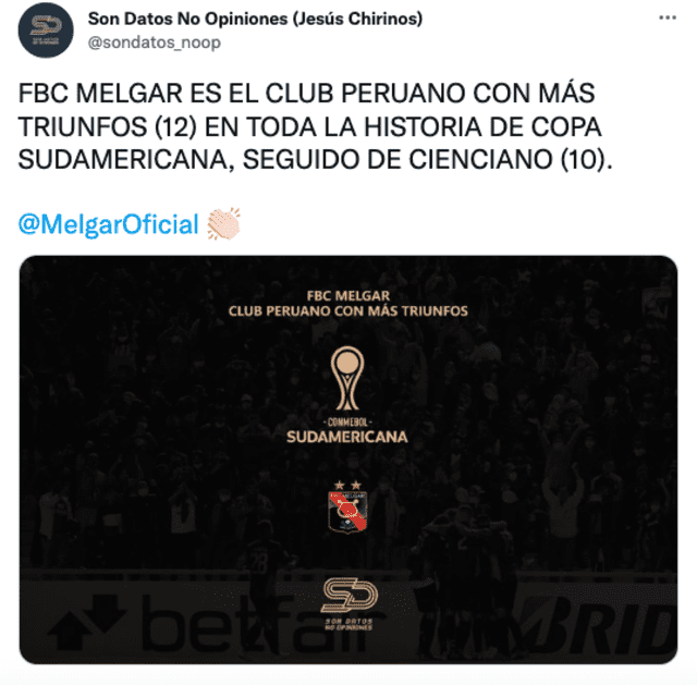 Melgar supera a Cienciano como el equipo peruano con más triunfos en la Copa Sudamericana. Foto: captura Twitter Son Datos No Opiniones