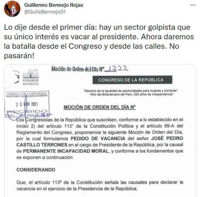 Bermejo se pronunció en su cuenta de Twitter sobre la moción de vacancia contra Pedro Castillo presentada ante el Congreso.