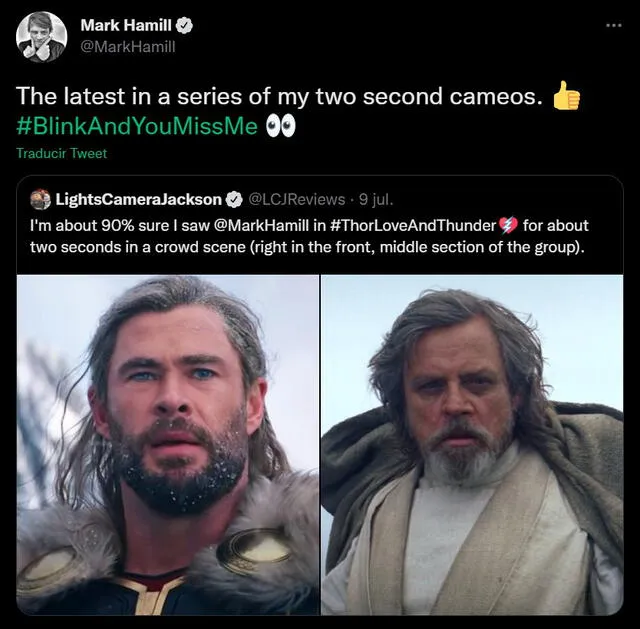 Tuit de Mark Hamill sobre su aparición en Thor love and thunder