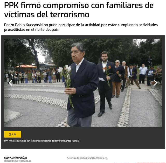 Noticia publicada por Perú21 donde PPK  se comprometió a construir una Comisión de Alto Nivel en el que participen las familias de las víctimas de terrorismo. Fuente: Captura LR, Perú21.