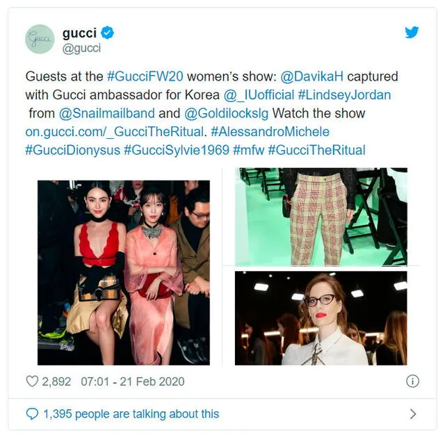 La marca italiana GUCCI publicó este tweet destacando la presencia de IU como su embajadora para Corea del Sur. Milan Fashion Week 2020.