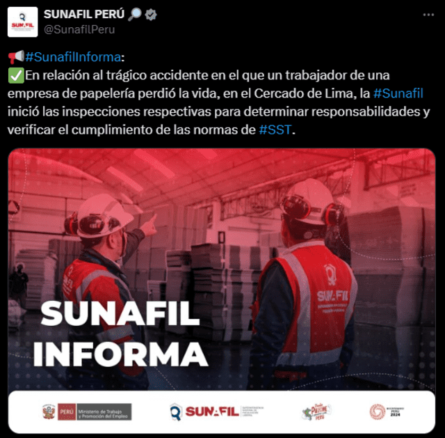 Este fue el comunicado que emitió Sunafil. Foto: Sunafil 