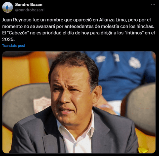  Sandro Bazan informó que, si bien el nombre de Juan Reynoso rondó por La Victoria, no es la primera opción para la dirigencia de Alianza Lima. Foto: captura    