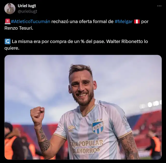  Renzo Tesuri pudo llegar a FBC Melgar, pero su club rechazó la oferta de los mistianos. Foto: captura de X/Uriel Iugt   