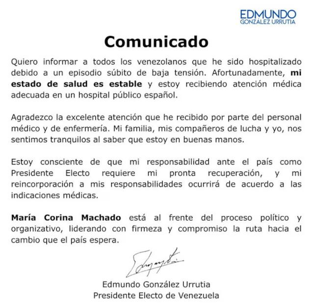 Comunicado del opositor tras ser hospitalizado. Foto: Edmundo González Comunicado del opositor tras ser hospitalizado. Foto: Edmundo González