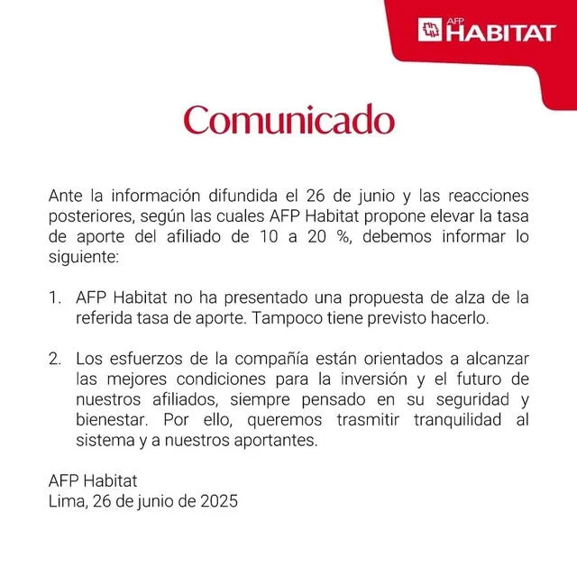 AFP Habitat difundió el comunicado vía Instagram AFP Habitat difundió el comunicado vía Instagram