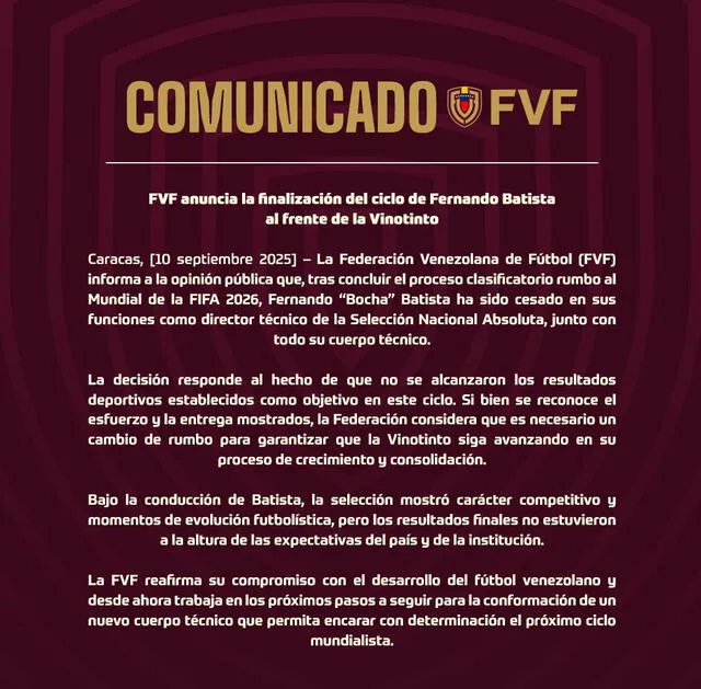 Comunicado oficial de la federación venezolana. Foto: FVF Comunicado oficial de la federación venezolana. Foto: FVF