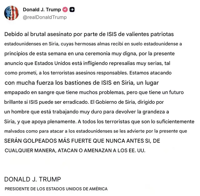  Donald Trump confirma la operación de ataque contra sitios afiliados al ISIS en Siria. Foto: realDonaldTrump    