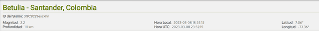    Último temblor registrado en Colombia hoy, 8 de marzo. Foto: SGC   