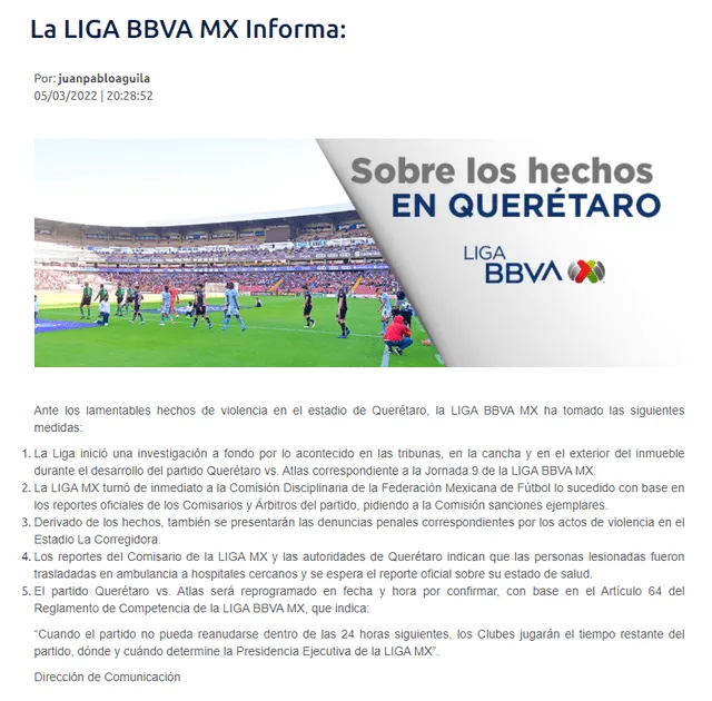 El pronunciamiento de la Liga MX por los hechos vandálicos sucedidos en el Querétaro vs. Atlas. Foto: captura web ligamx.net