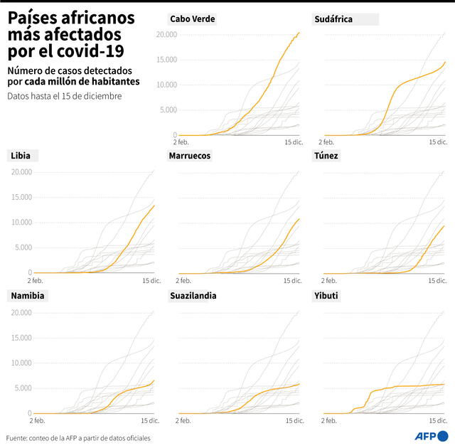 Infografía sobre la evolución del número de casos detectados por cada millón de habitantes en los países africanos más afectados por la pandemia al 17 de diciembre. Infografía: AFP