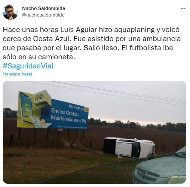 Publicación de Twitter sobre accidente de Luis Aguiar. Foto: captura