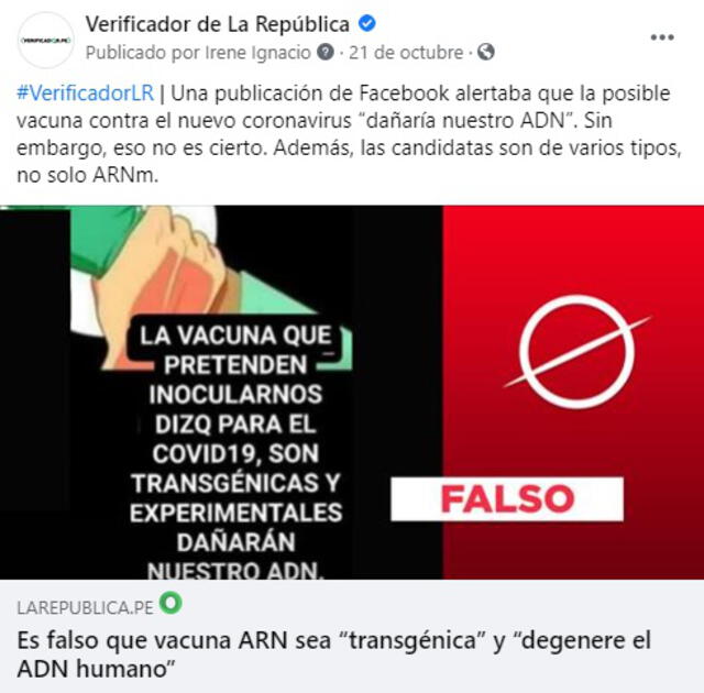 Vacunas ARNm. Foto: captura en Facebook / Verificador de La República.