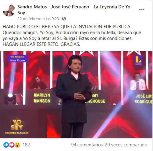 Yo soy: Sandro Matos reta a Carlos Burga por la mejor imitación de José José Yo soy: Sandro Matos reta a Carlos Burga por la mejor imitación de José José