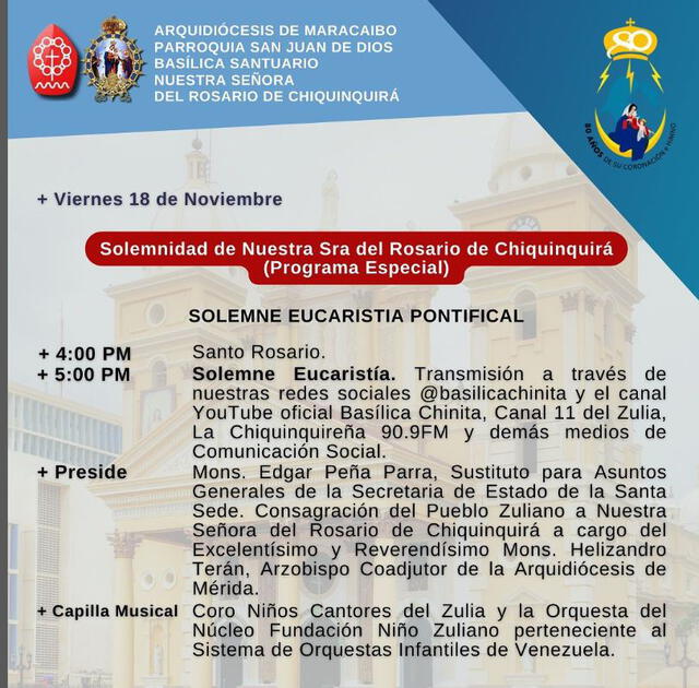 Cronograma de la Basílica Santuario Nuestra Señora del Rosario de Chiquinquirá para la tarde del 18 de noviembre. Foto: captura web