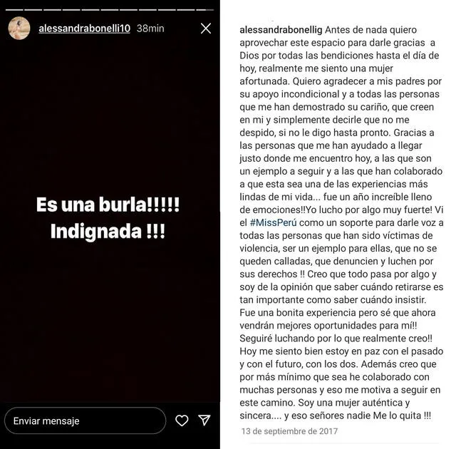  Alessandra Bonelli anunció su retiro del miss Perú. Foto: Alessandra Bonelli/Instagram<br><br>    