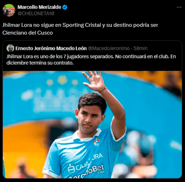 Jhilmar Lora deja Sporting Cristal. Foto: Twitter Jhilmar Lora deja Sporting Cristal. Foto: Twitter