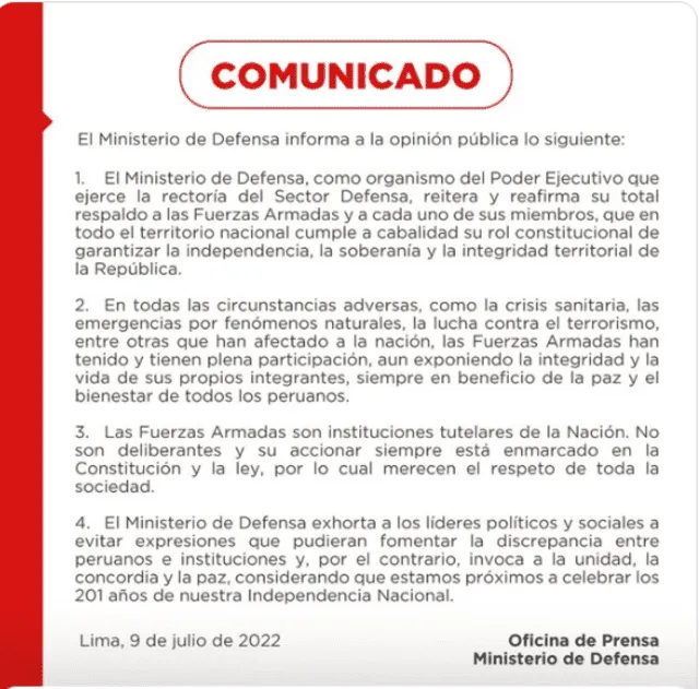 El Ministerio de Defensa se pronunció a través de un comunicado por las declaraciones del primer ministro, Aníbal Torres. Foto: captura/Twitter.