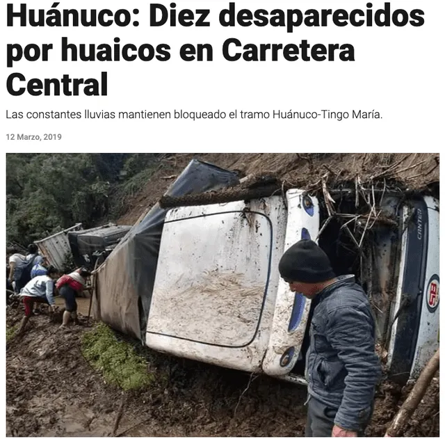 Fotografía de los daños generados por los huaicos en la ruta Huánuco-Tingo María. 12 de marzo del 2019. Fuente: Captura LR, Exitosa Noticias.