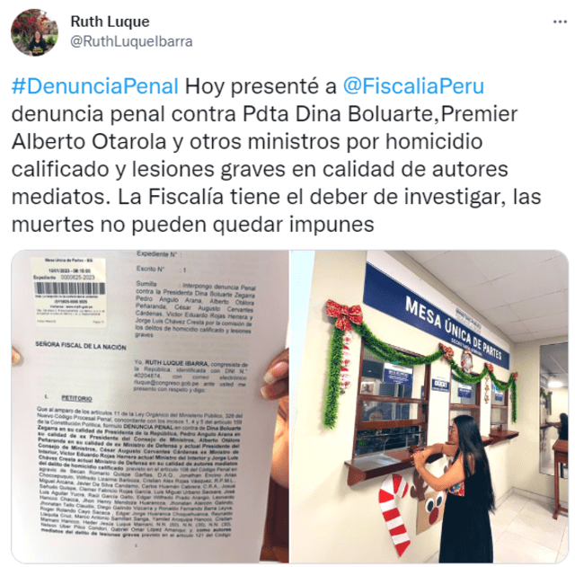 Ruth Luque denuncia penalmente a Dina Boluarte. Foto: Captura Twitter