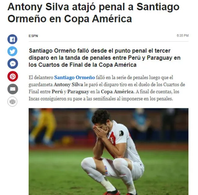 Publicación de ESPN MX sobre Santiago Ormeño.