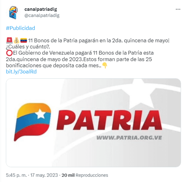 El Canal Patria Digital anunció la entrega de bonos correspondientes a la segunda quincena de mayo. Foto: Twitter/Canalpatriadig.