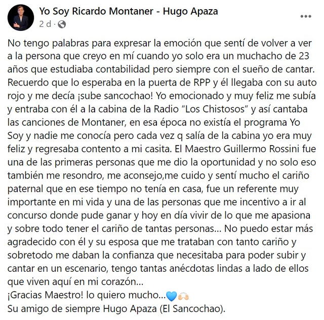  Hugo Apaza dedicó emotivo mensaje a Guillermo Rossini. Foto: Facebook   