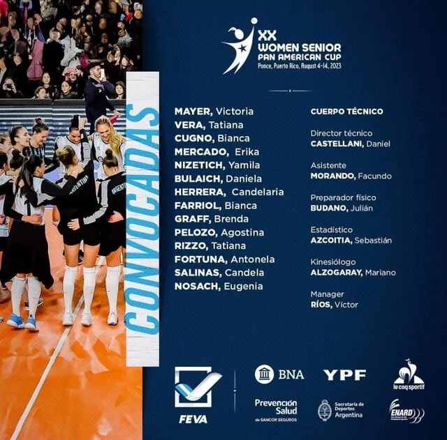 Lista de jugadoras convocadas de la selección argentina. Foto: FEVA   