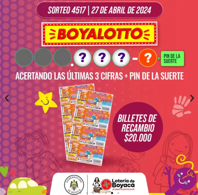 Premio de Boyalotto más pin de la suerte es de $20.000 pesos.<br>Foto: Lotería de Boyacá   