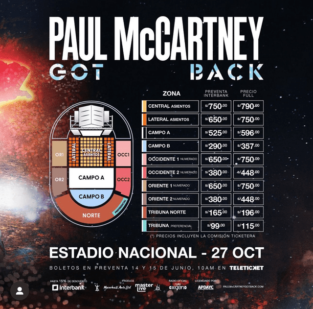 Lista de precios de entradas para concierto de Paul McCartney. Foto: Teleticket   