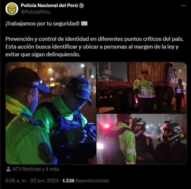 Control de Identidad realizado por la Policía Nacional del Perú en todo el país. Foto: Twitter Policía Nacional del Perú.   