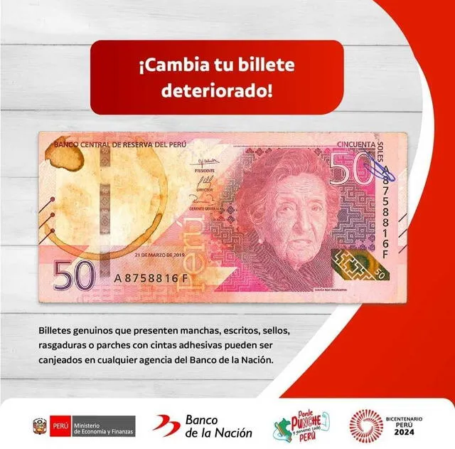 Solo en estos casos puedes cambiar tu billete. Foto: Banco de la Nación.   