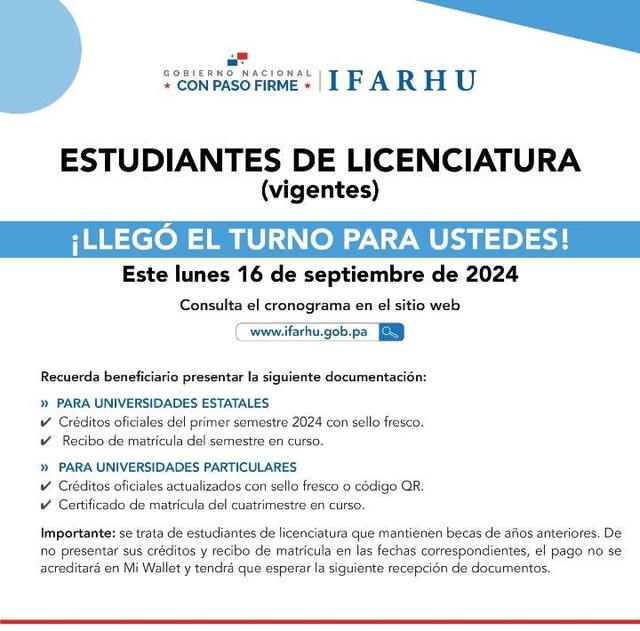 Comunicado sobre la recepción de documentos de licenciatura. Foto: IFARHU   