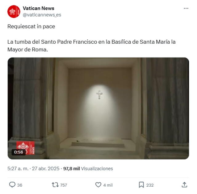 <em>Video publicado por Vatican News sobre la tumba del papa. Foto: captura de X</em>   