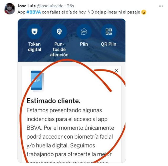 BBVA comunicó mediante app móvil que presenta fallas en el sistema. Foto: X.    