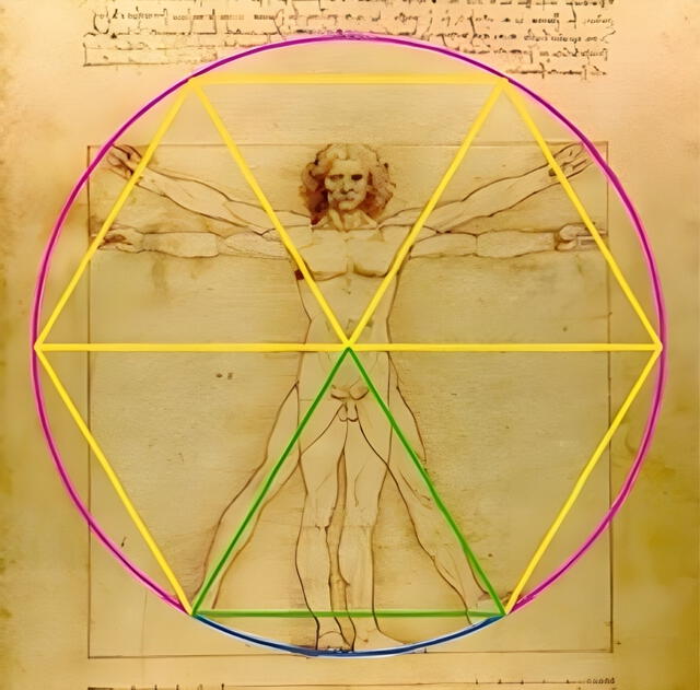  El triángulo equilátero verde que se extiende desde la entrepierna del Hombre de Vitruvio hasta sus pies. Foto Mac Sweeney   