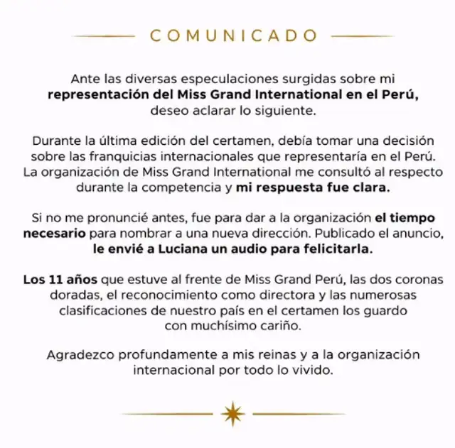 Jessica Newton habló en redes sociales sobre el nombramiento de Luciana Fuster como directora del Mis Grand Perú