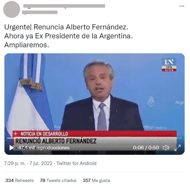 Publicación de la supuesta transmisión de La Nación. Foto: captura en Twitter.