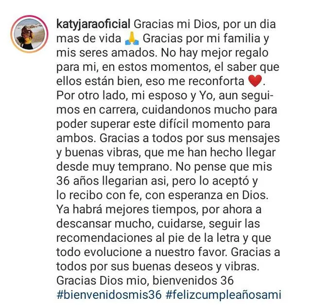 Katy Jara publicó el mensaje en su Instagram