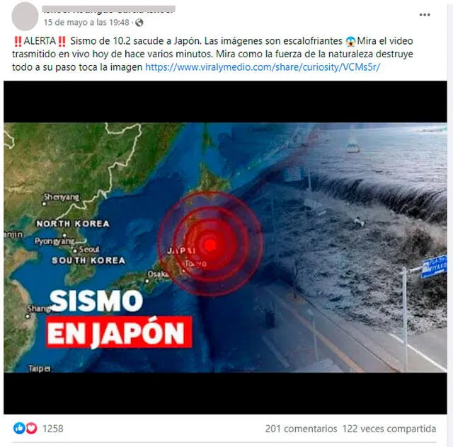 Publicación de un supuesto sismo de 10.2 en Japón. Foto: captura en Facebook.