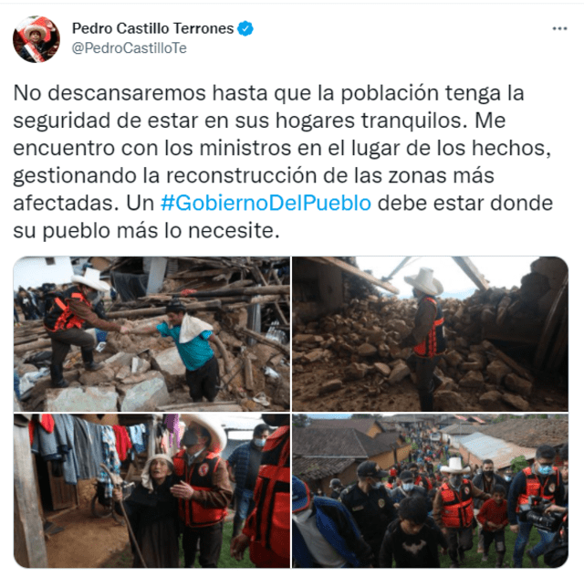 Tuit de Pedro Castillo tras inspeccionar zonas afectadas por terremoto de magnitud de 7.5. Foto: captura de Twitter
