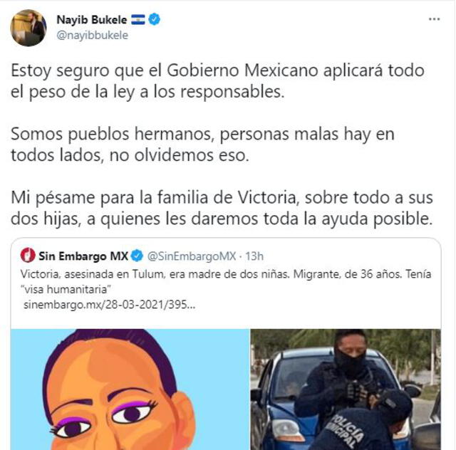 Tuit del presidente de El Salvador, Nayib Bukele sobre el asesinato de una mujer en Quintana Roo. Foto: captura Twitter