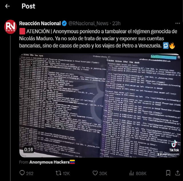 Anonymous reveló el hackeo de las cuentas de Nicolás Maduro. X.   