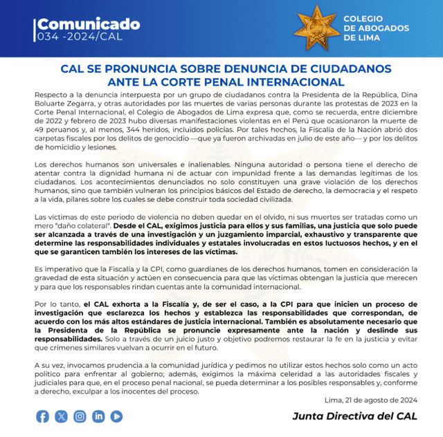 Comunicado del CAL sobre denuncia contra Dina Boluarte ante la Corte Penal Internacional. Foto: difusión   